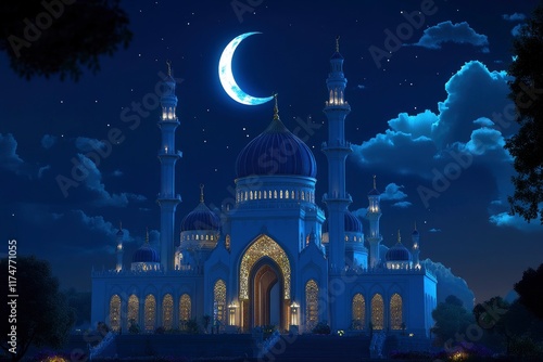 mosque with moon, night sky, mosque with white walls and blue spires and minarets, crescent moon in the background. photo realistic, high resolution, high definition, best quality, sharp focus photo