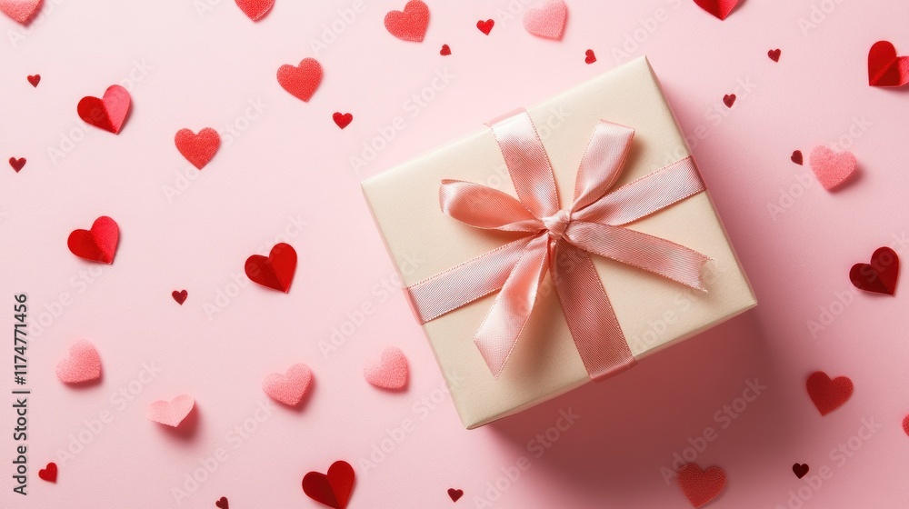 A heart-shaped gift box tied with a satin ribbon, surrounded by scattered pink and red hearts on a pastel pink backdrop. Perfect for love and romance themes. A heart-shaped gift box tied with a satin ribbon, surrounded by scattered pink and red hearts on a pastel pink backdrop. Perfect for love and romance themes.