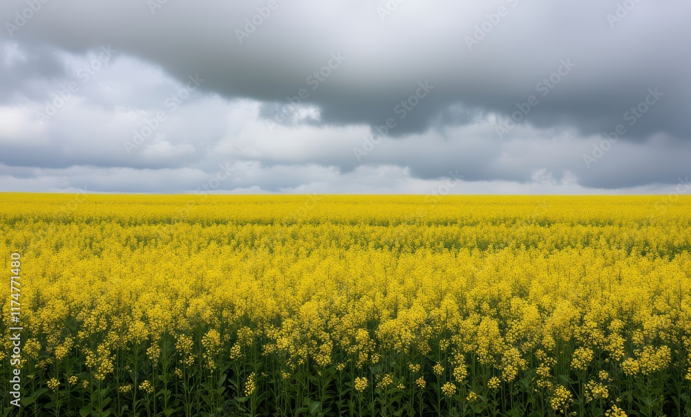 Vibrant yellow canola field under cloudy sky Vibrant yellow canola field under cloudy sky