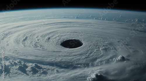 A hurricane's eye over the ocean, surrounded by intense cloud formations and rainbands spiraling outward toward the horizon. photo