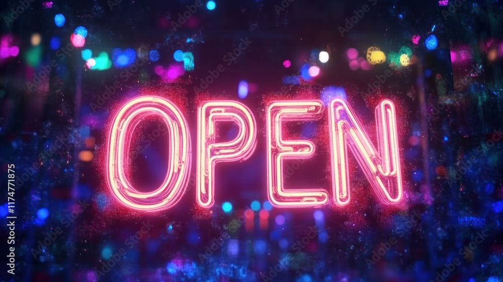 Neon Open Sign with Colorful Blurred Lights Neon Open Sign with Colorful Blurred Lights