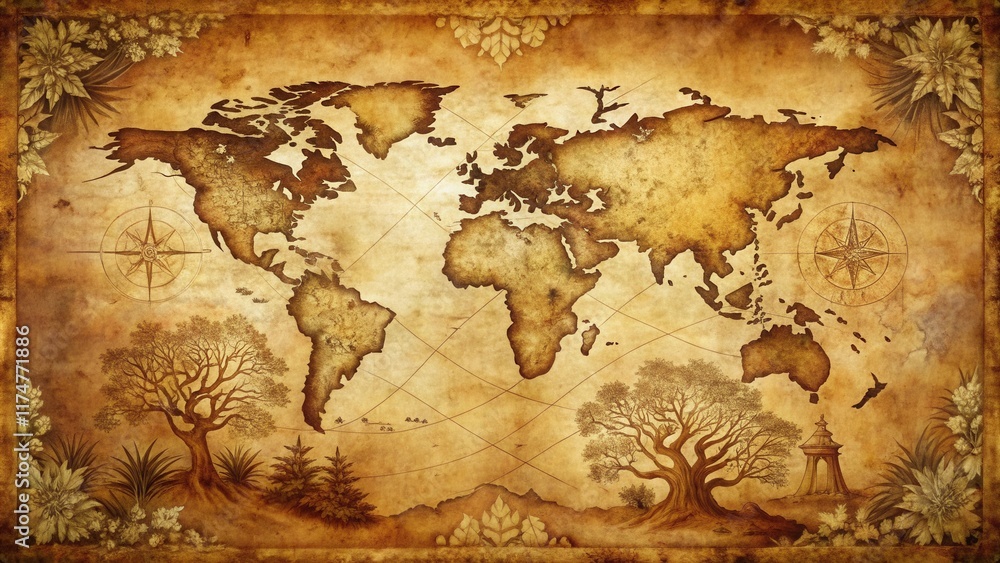 Fototapeta premium An Antique World Map Depiction Featuring Ancient Trees, Compass Roses, and Ornate Botanical Details on Aged Parchment