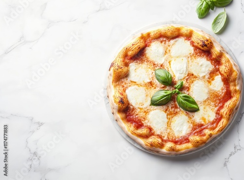 Overhead photo of a delicious Neapolitan pizza with mozzarella and basil on top, placed in the middle of a white marble table. The background is a clean and simple marble surface. This scene has soft photo