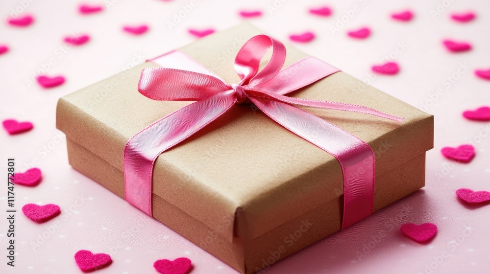 A minimalist display of a gift box tied with a pink ribbon, surrounded by tiny hearts on a soft pink background. Perfect for love-themed content. A minimalist display of a gift box tied with a pink ribbon, surrounded by tiny hearts on a soft pink background. Perfect for love-themed content.
