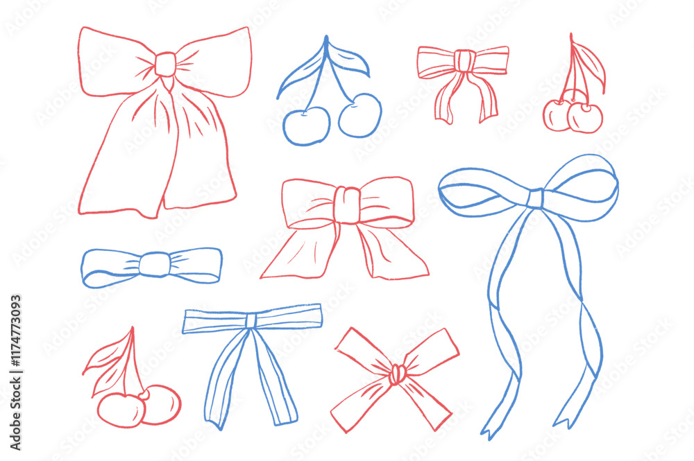 Crayon drawing bow tie and ribbons in butterfly shape set. Christmas coquette aesthetic collection. Chalk band and cherry vector illustration isolated on white background. Crayon drawing bow tie and ribbons in butterfly shape set. Christmas coquette aesthetic collection. Chalk band and cherry vector illustration isolated on white background.