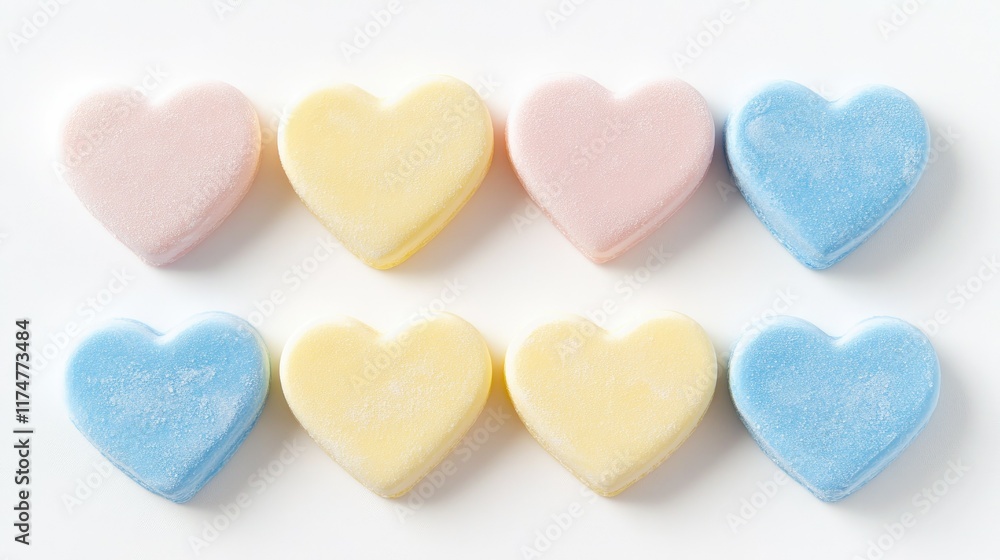 Obraz premium A neat arrangement of heart-shaped chewy candies in pastel shades, isolated on a white background, evoking sweetness and love.