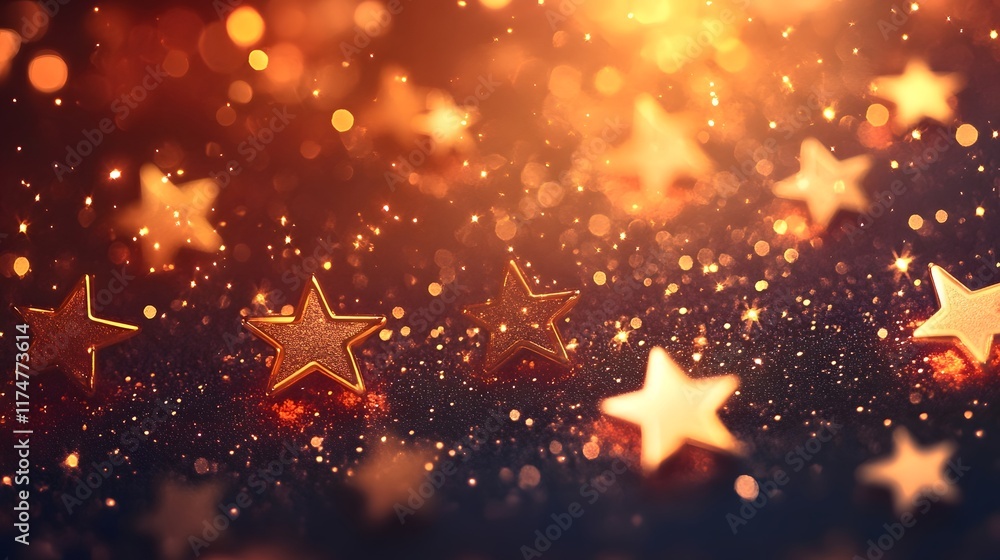 Sparkling golden stars and glitters in a festive background with blurry lights creating a magical dreamlike atmosphere perfect for holiday party wedding or any special event Sparkling golden stars and glitters in a festive background with blurry lights creating a magical dreamlike atmosphere perfect for holiday party wedding or any special event