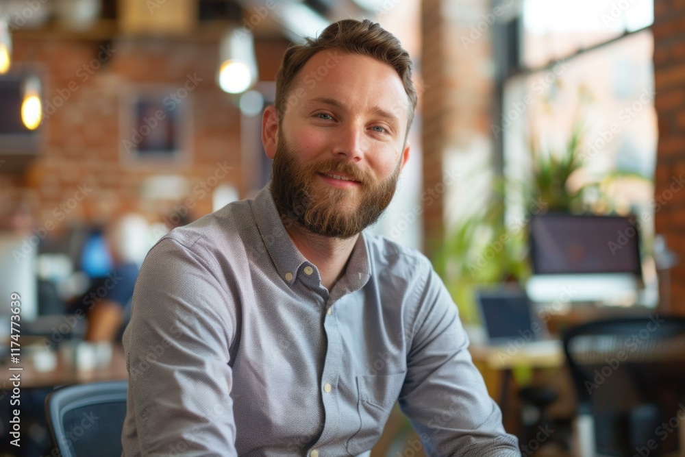 Young professional with a beard is smiling in a busy office environment Young professional with a beard is smiling in a busy office environment