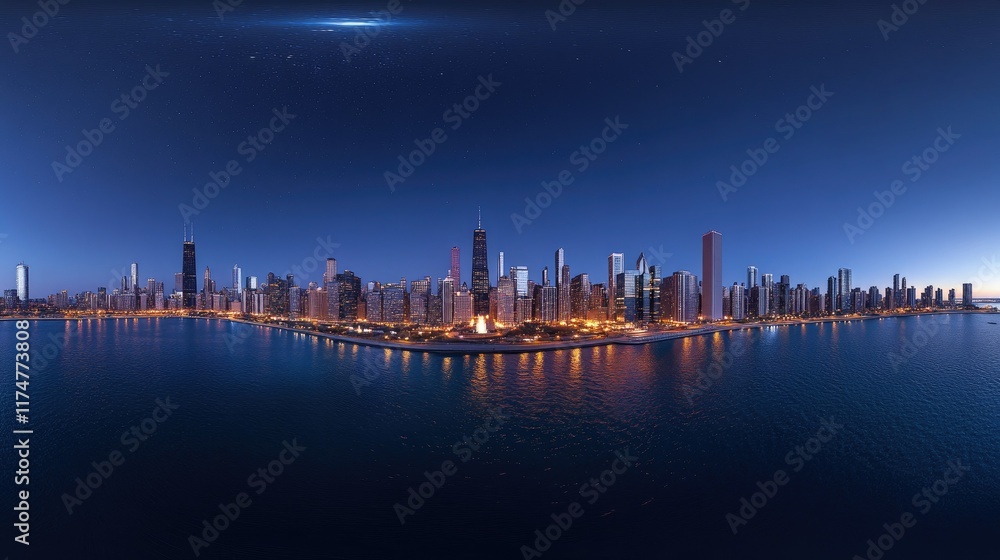 Fototapeta premium A panoramic aerial shot of Chicago's skyline at night, the skyscrapers glowing brilliantly against the dark horizon, with urban life below.