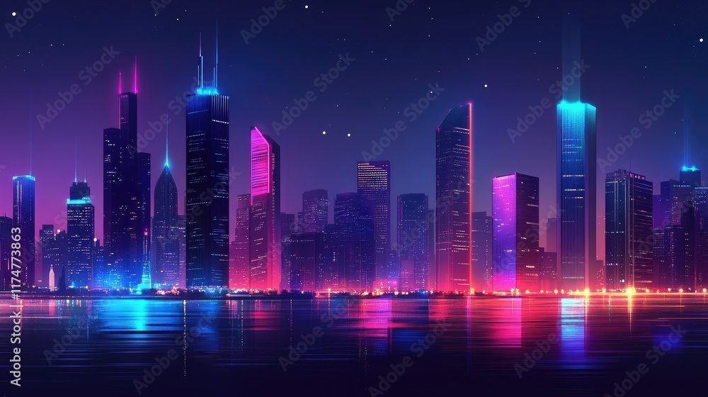A panoramic view of Chicago's cityscape at night, skyscrapers lit brilliantly and architecture blending seamlessly into the glowing skyline. A panoramic view of Chicago's cityscape at night, skyscrapers lit brilliantly and architecture blending seamlessly into the glowing skyline.
