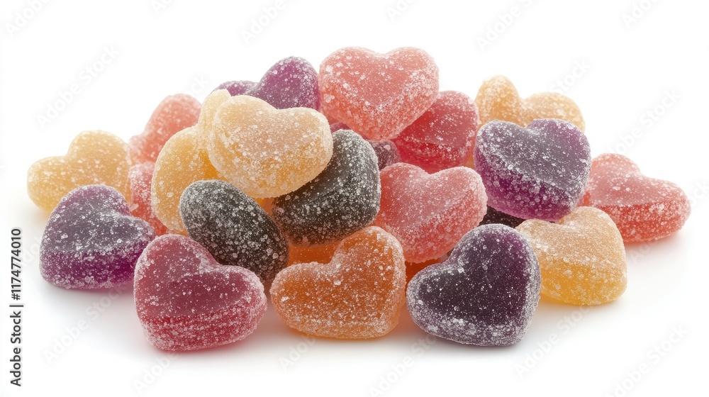 A pile of heart-shaped chewy candies in vibrant colors, isolated on white, symbolizing sweetness and romantic celebration. A pile of heart-shaped chewy candies in vibrant colors, isolated on white, symbolizing sweetness and romantic celebration.