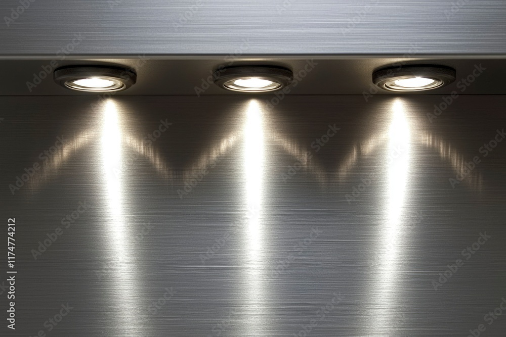Obraz premium Three Recessed Lights Illuminate Brushed Metal Surface