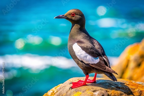 Candid Pigeon Guillemot Seabird Portrait, Coastal Rock, Wild Bird Photography photo