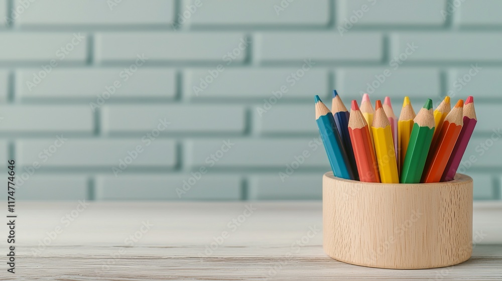 Fototapeta premium A collection of colorful pencils arranged in a wooden holder against a light blue brick wall, showcasing creativity and artistic tools.