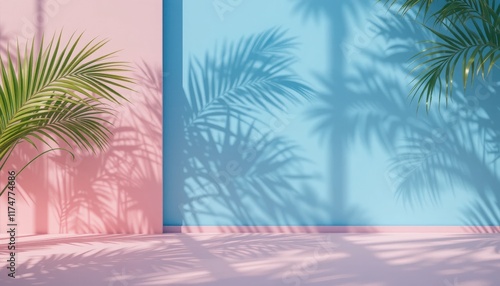 In a lively setting, palm tree shadows stretch gracefully across pink and blue walls, creating a stunning interplay of color and nature that invites a feeling of relaxation