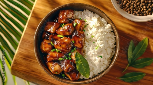 Adobo chicken with rice, spices and bay leaves in bowl