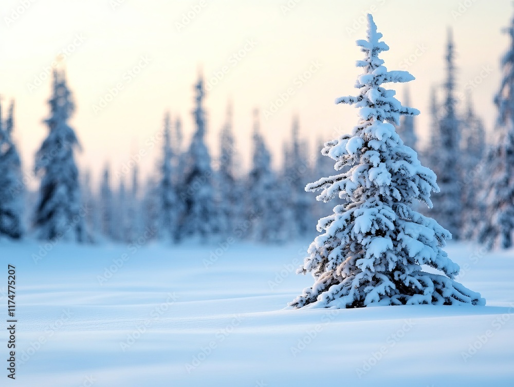 A serene winter landscape featuring a snow-covered evergreen tree amidst a snowy field, with a soft, pastel sky in the background. A serene winter landscape featuring a snow-covered evergreen tree amidst a snowy field, with a soft, pastel sky in the background.