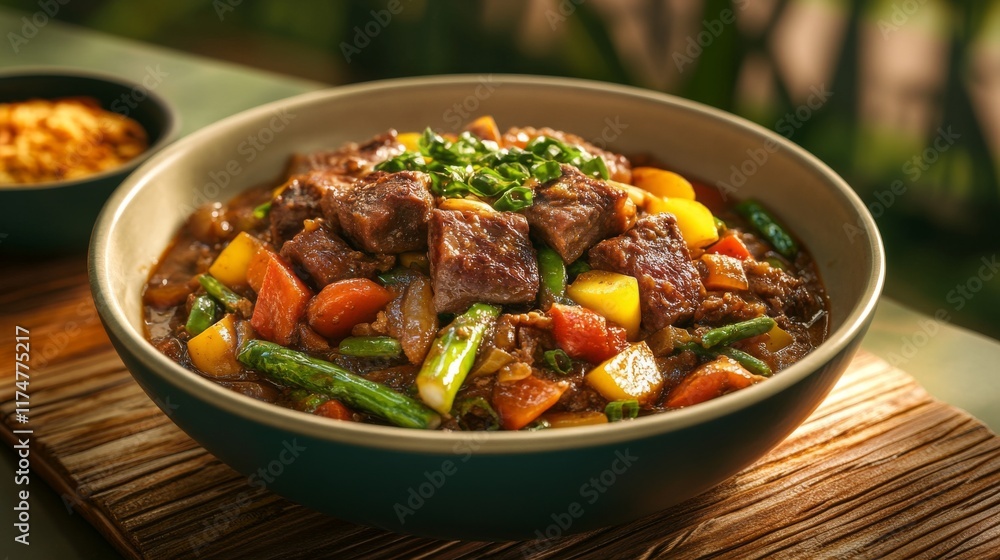 Delicious beef stew with potatoes, carrots, and green beans simmering in rich gravy Delicious beef stew with potatoes, carrots, and green beans simmering in rich gravy