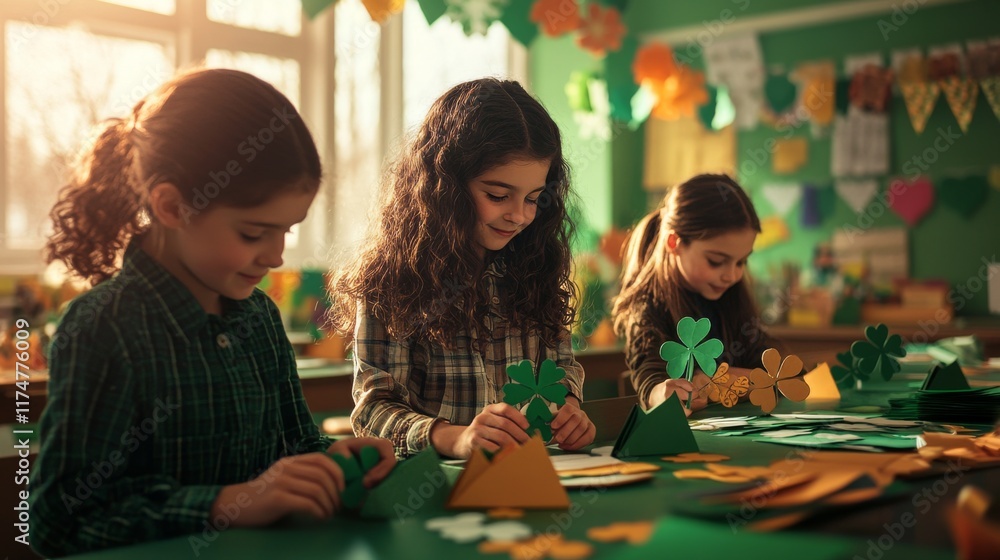 Fototapeta premium Schoolgirls making saint patrick's day decorations in classroom