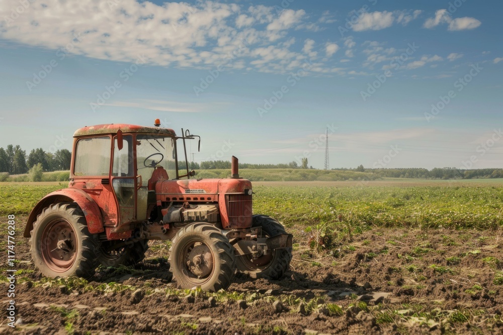 Old red tractor is standing on a plowed field after a day of work Old red tractor is standing on a plowed field after a day of work