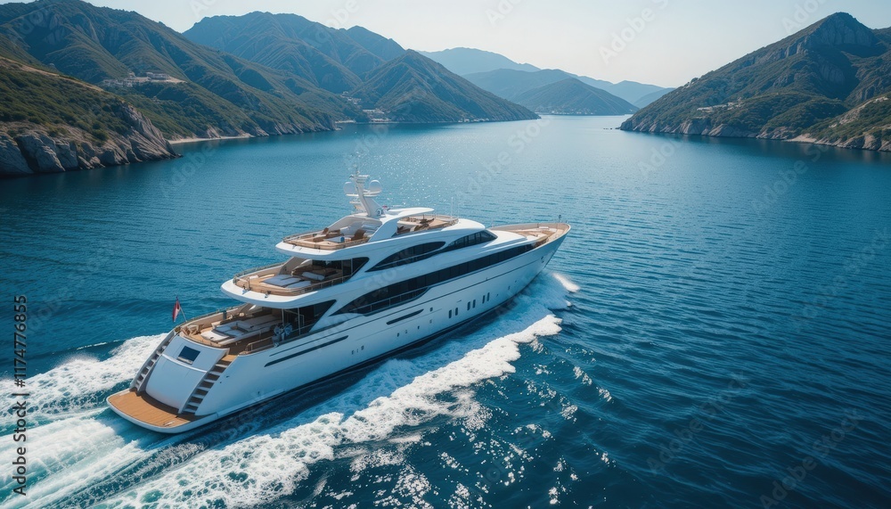 A magnificent yacht sails smoothly through crystal-clear waters, flanked by stunning mountains under a bright blue sky. The scene captures a perfect day of leisure and adventure A magnificent yacht sails smoothly through crystal-clear waters, flanked by stunning mountains under a bright blue sky. The scene captures a perfect day of leisure and adventure