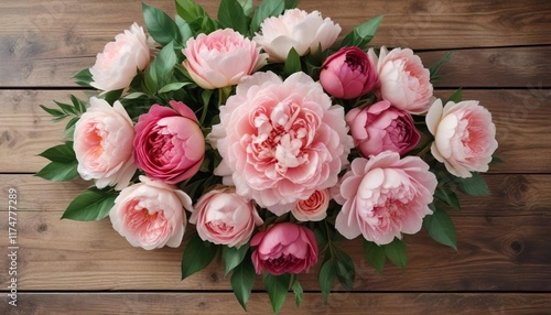 Top view of a bouquet of watercolor roses and peonies on a rustic wooden table, rustic, peonies