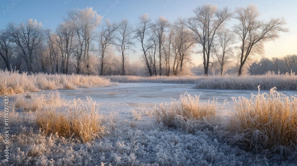 Frozen Landscape with a Frosted Pond and Trees Frozen Landscape with a Frosted Pond and Trees