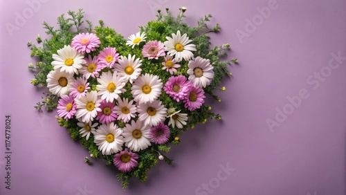 A heart-shaped arrangement of delicate daisies and wildflowers, nestled amongst vibrant green foliage, creates a romantic and charming floral composition on a soft purple background.