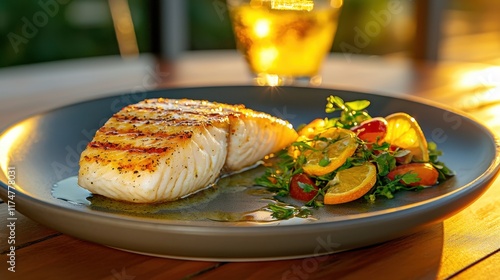 Close-up of grilled haddock fillet outdoor dining