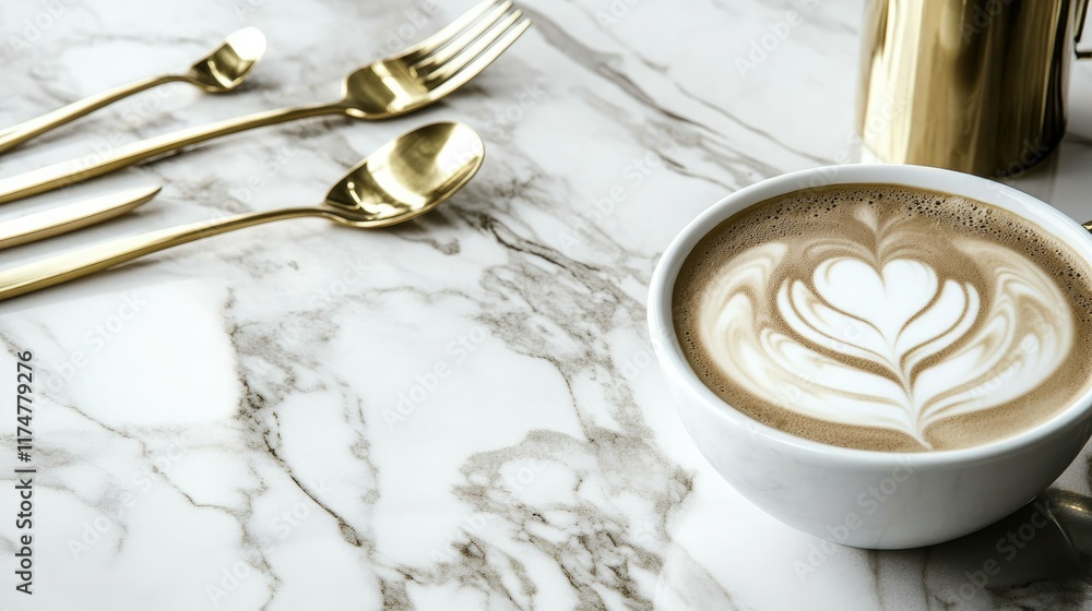 A latte art close-up on a marble tabletop with golden cutlery, surrounded by soft, modern lighting. A latte art close-up on a marble tabletop with golden cutlery, surrounded by soft, modern lighting.