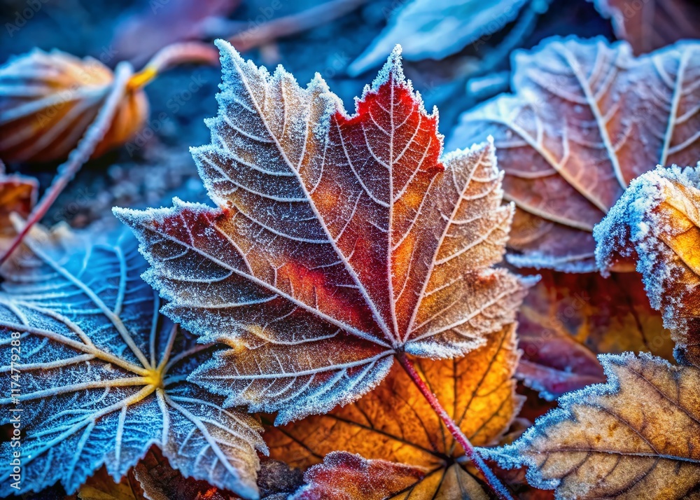 Close-up Chilly Fall Foliage Winter Scene - Surreal Frost-Covered Leaves