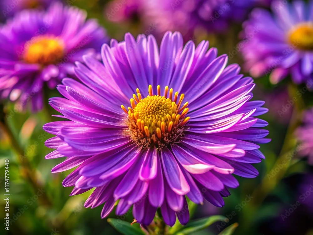 Obraz premium Close-Up Drone Shot of Vibrant Purple Aster Flower, Detailed Petal Texture, Nature Photography