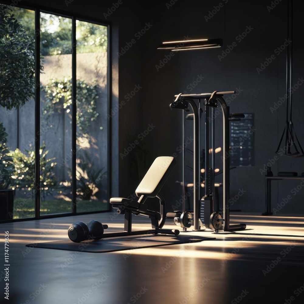 Obraz premium Modern Home Gym with Weight Bench and Cable Machine