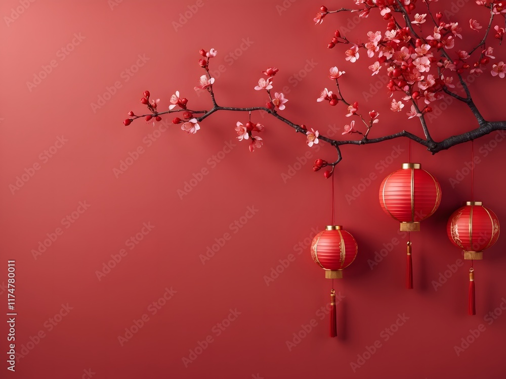 Vibrant red backdrop with cherry blossoms and a Chinese lantern. Happy Chinese and Lunar New Year concept. AI Generative. Vibrant red backdrop with cherry blossoms and a Chinese lantern. Happy Chinese and Lunar New Year concept. AI Generative.