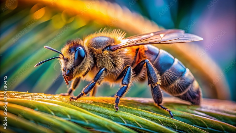 Naklejka premium Close-up of a Honeybee on a Human Hand - Detailed Documentary Style