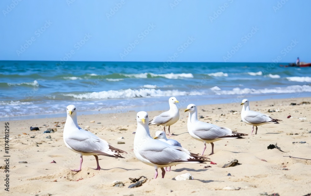 Fototapeta premium Coastal Seagulls A Serene Beach Scene in Vibrant Sunlight