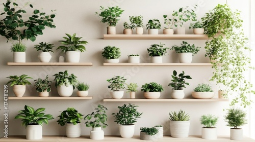 A Scandinavian living room with clean, open shelving, potted plants, and a simple, neutral color palette creating a calming atmosphere.