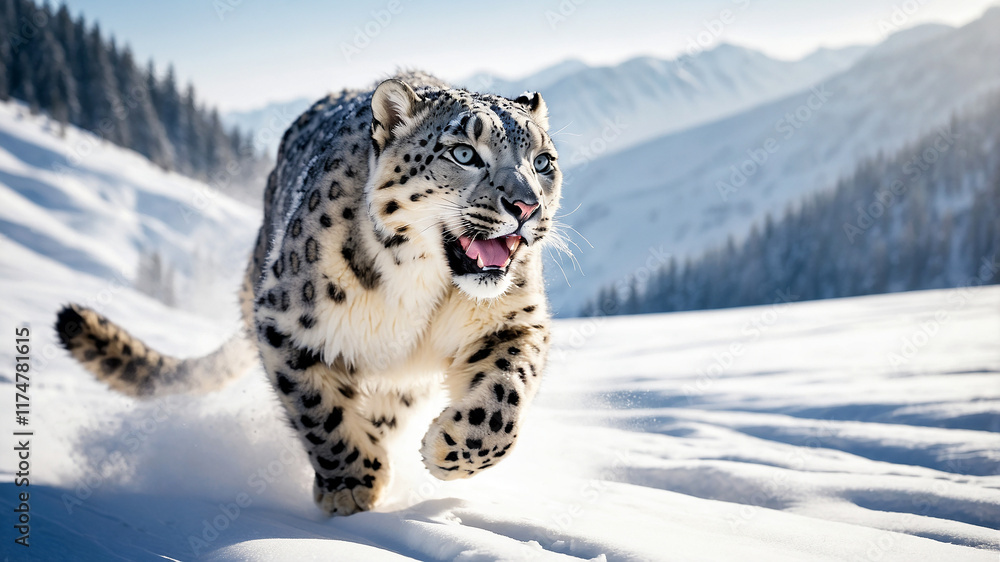 Snow Leopard Running Through a Snowy Landscape in Winter Snow Leopard Running Through a Snowy Landscape in Winter