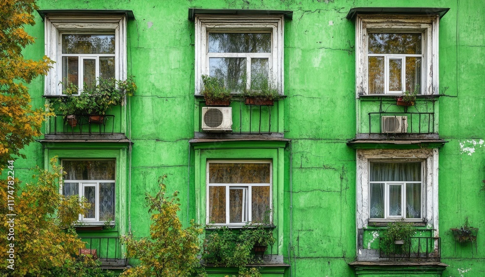Fototapeta premium Green Building Facade With Windows And Balconies