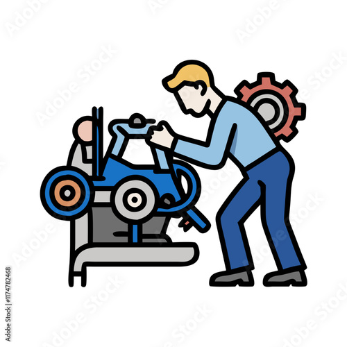 Colorful Illustration of a Mechanic Fixing an Engine