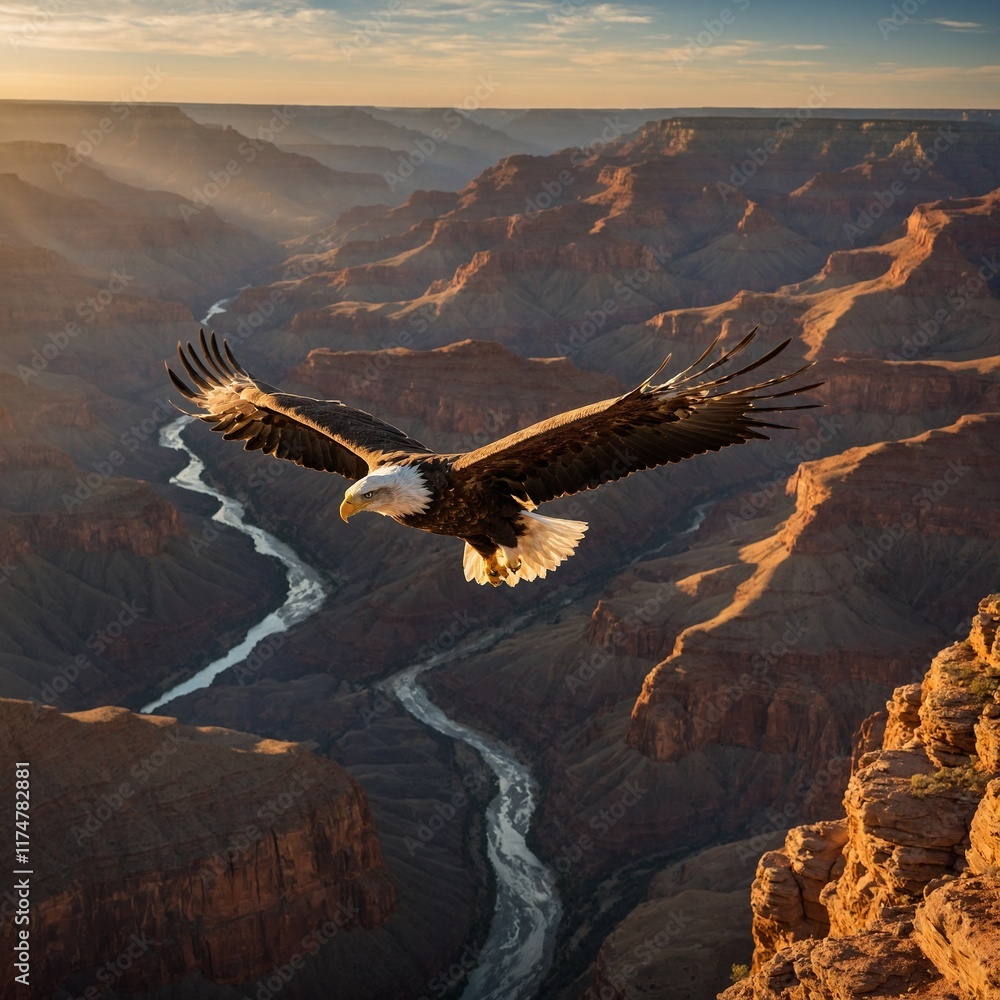 Naklejka premium A majestic eagle soaring over a breathtaking canyon at sunrise, its wings catching the golden light.