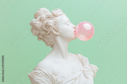 White marble statue of woman blowing pink bubble gum on green background photo