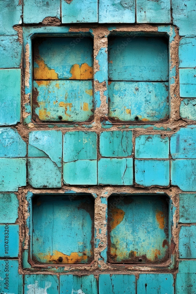 Naklejka premium Weathered Teal Tile Wall With Recessed Panels