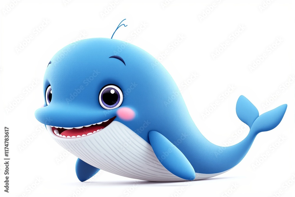 Fototapeta premium Adorable blue whale with a cheerful expression, cartoon-style design, white background. Concept of marine life, happiness, and fun. Ai generative
