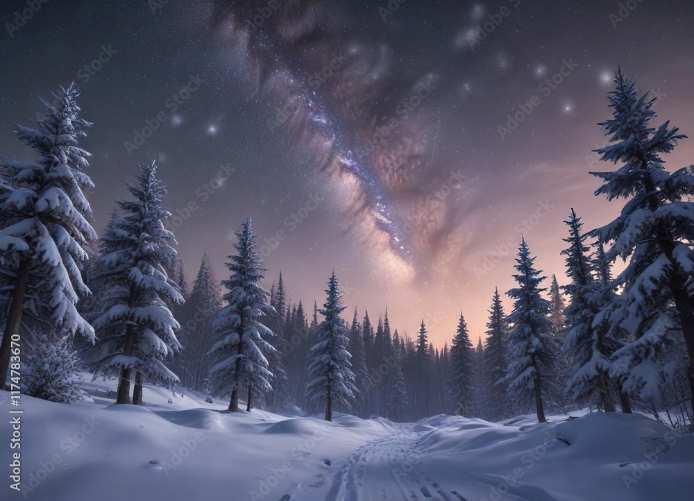 Twilight sky with milky way above snowy trees at sunrise, star clusters, winter wonderland, astronomical