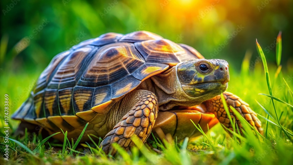Obraz premium Close-up Tortoise Shell Patterns on Vibrant Green Grass - Stock Photo