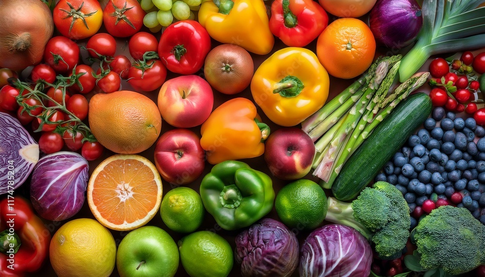 Fresh organic fruits and vegetables arranged in rainbow colors, providing a vibrant and healthy selection of produce for a balanced, nutrient-packed meal. Fresh organic fruits and vegetables arranged in rainbow colors, providing a vibrant and healthy selection of produce for a balanced, nutrient-packed meal.