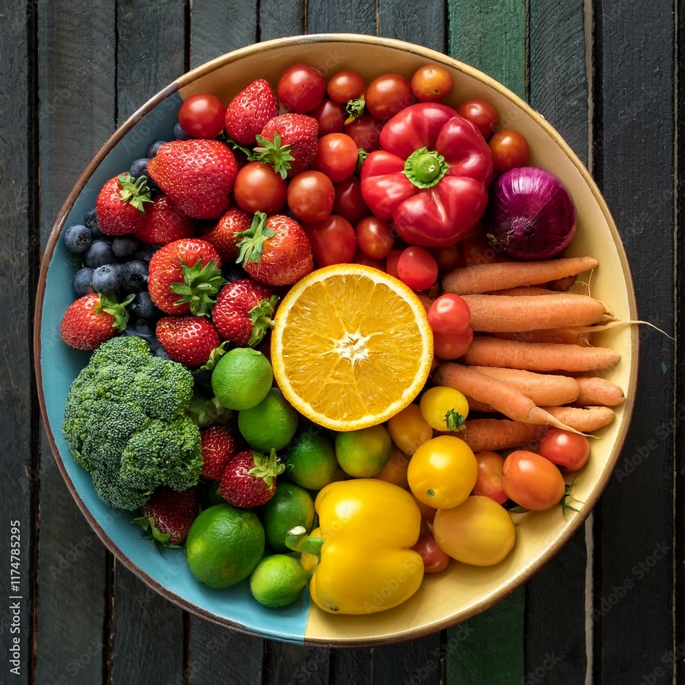 Fresh organic fruits and vegetables arranged in rainbow colors, providing a vibrant and healthy selection of produce for a balanced, nutrient-packed meal. Fresh organic fruits and vegetables arranged in rainbow colors, providing a vibrant and healthy selection of produce for a balanced, nutrient-packed meal.