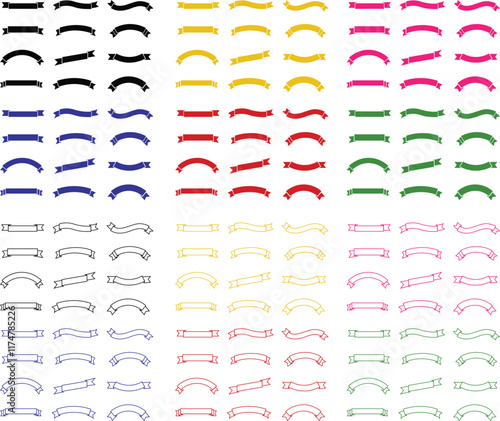 Ribbon banner bow colorful icon set. Decoration flat and line vector collection isolated on transparent background. Element symbol for award, gift, flag, frame, poster, promotion, art, modern and more