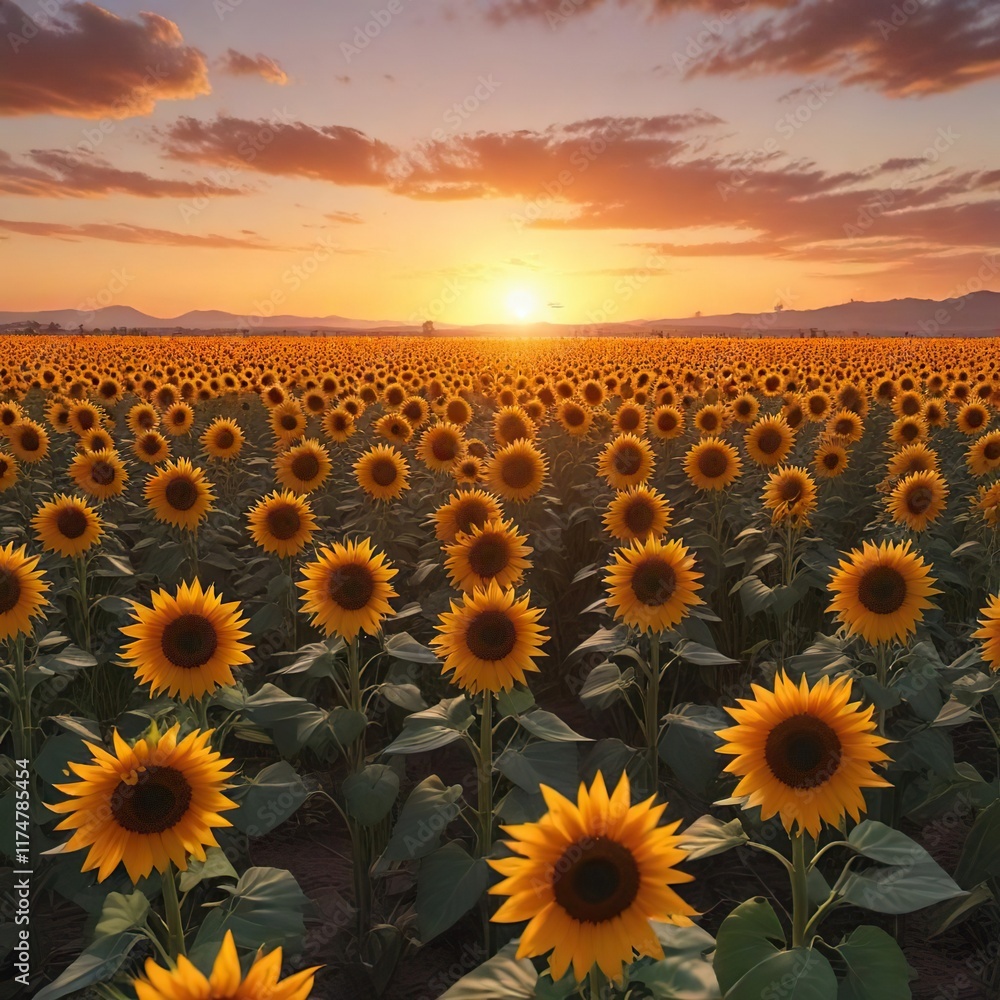 Obraz premium Vibrant orange hues illuminate a sea of sunflowers swaying gently in the breeze as the day succumbs to a serene sunset, nature's wonder, natural beauty, beautiful sunset